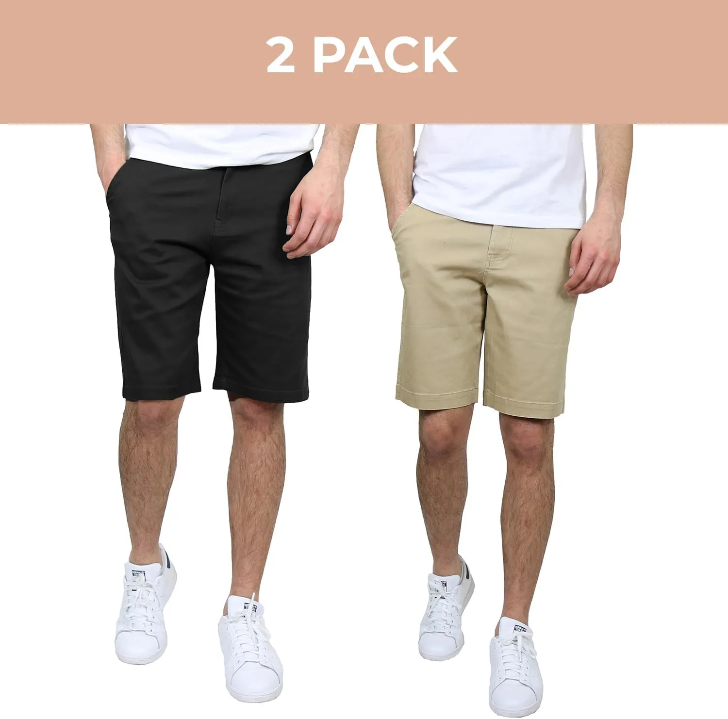 Men's Flat Front Stretch Twill Chino Shorts, Classic Cotton Blend Short with Multi Pocket 2-Pack