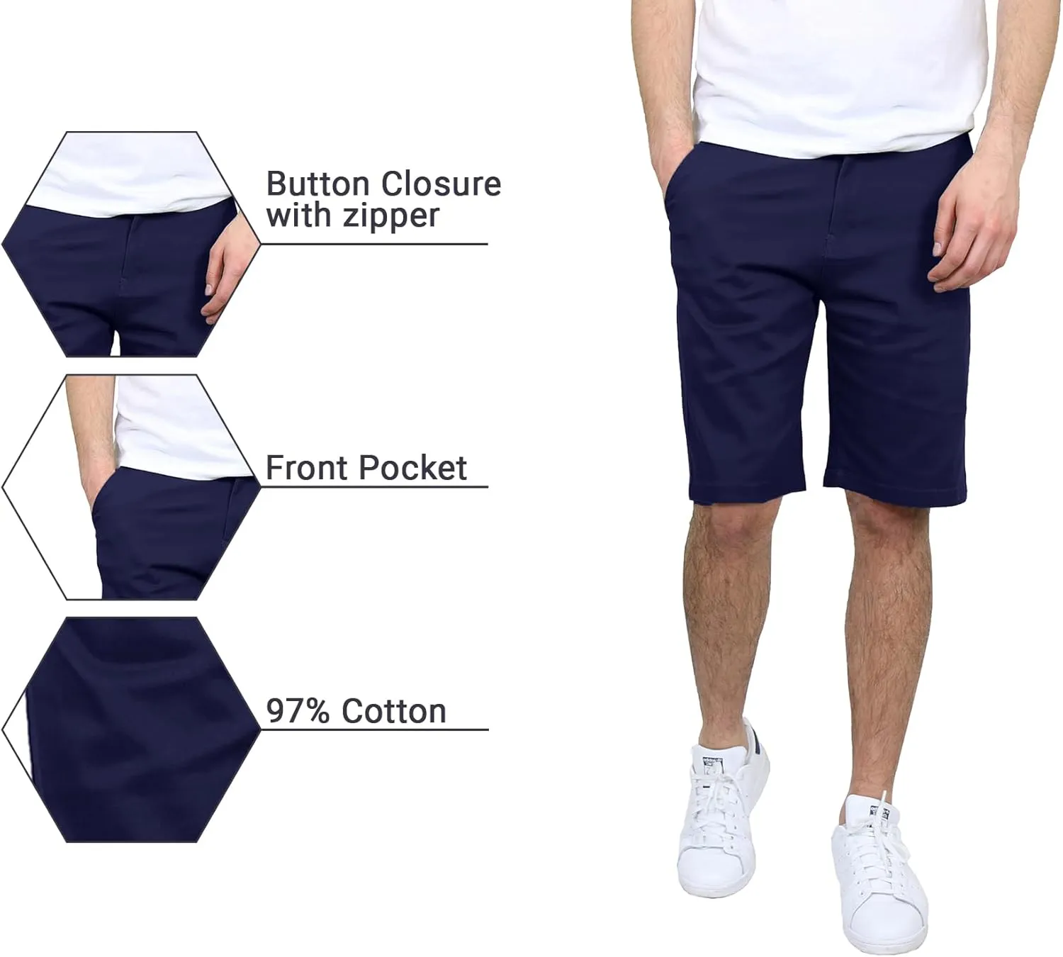 Men's Flat Front Stretch Twill Chino Shorts, Classic Cotton Blend Short with Multi Pocket 3-Pack