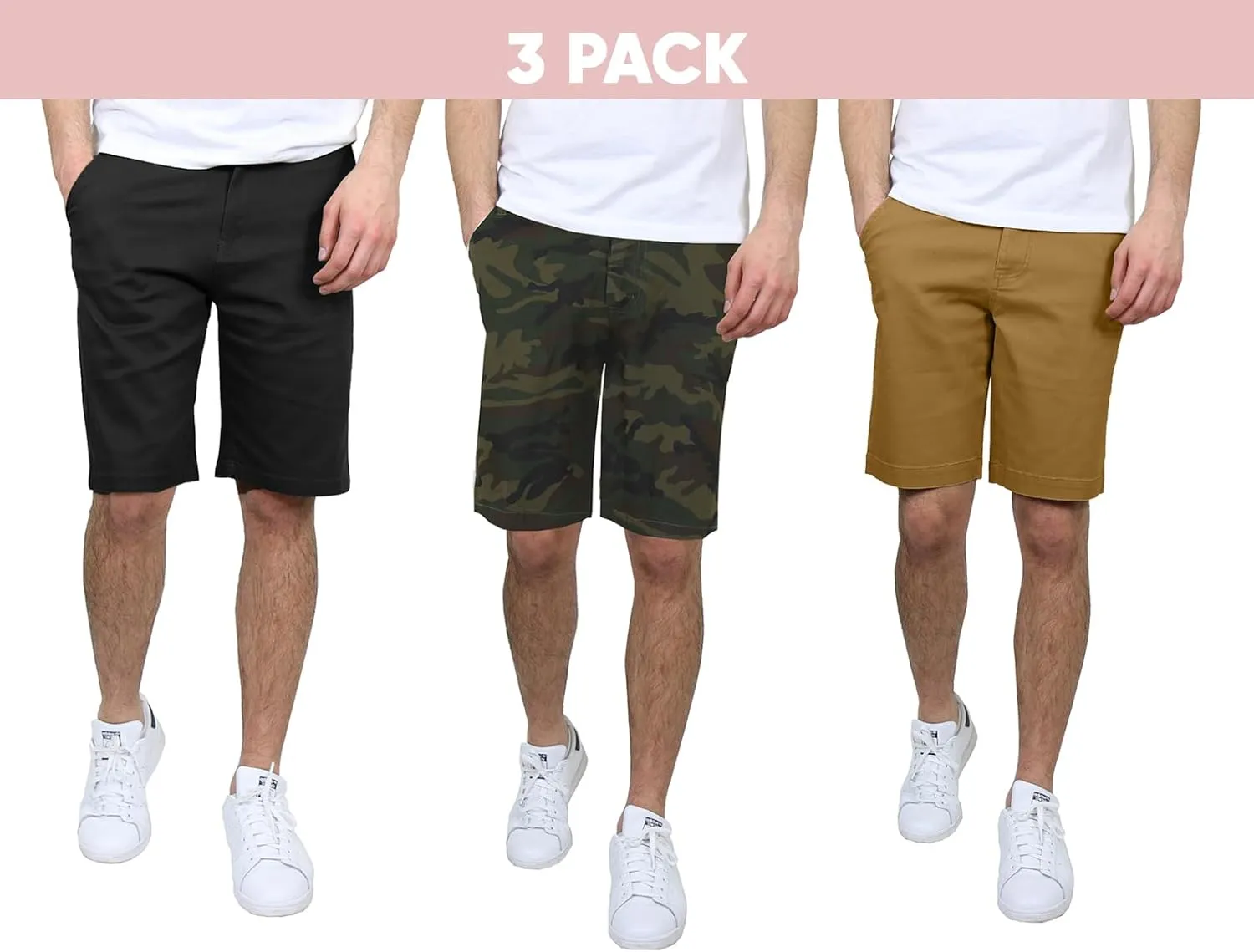 Men's Flat Front Stretch Twill Chino Shorts, Classic Cotton Blend Short with Multi Pocket 3-Pack