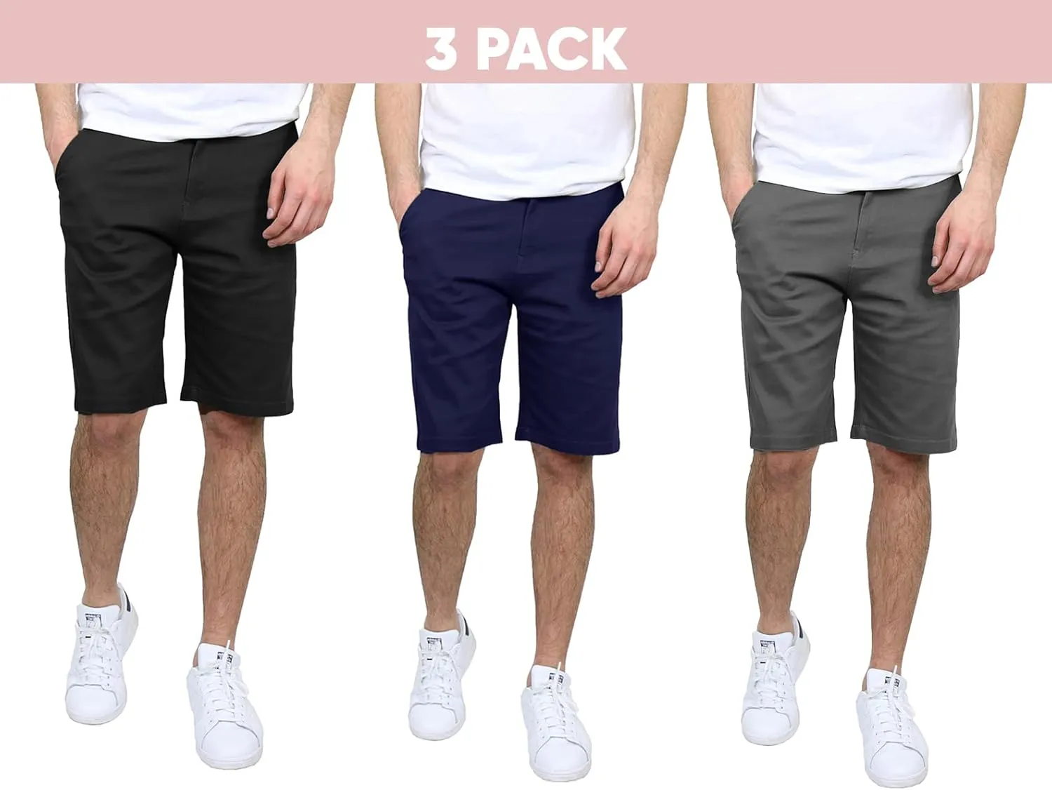 Men's Flat Front Stretch Twill Chino Shorts, Classic Cotton Blend Short with Multi Pocket 3-Pack