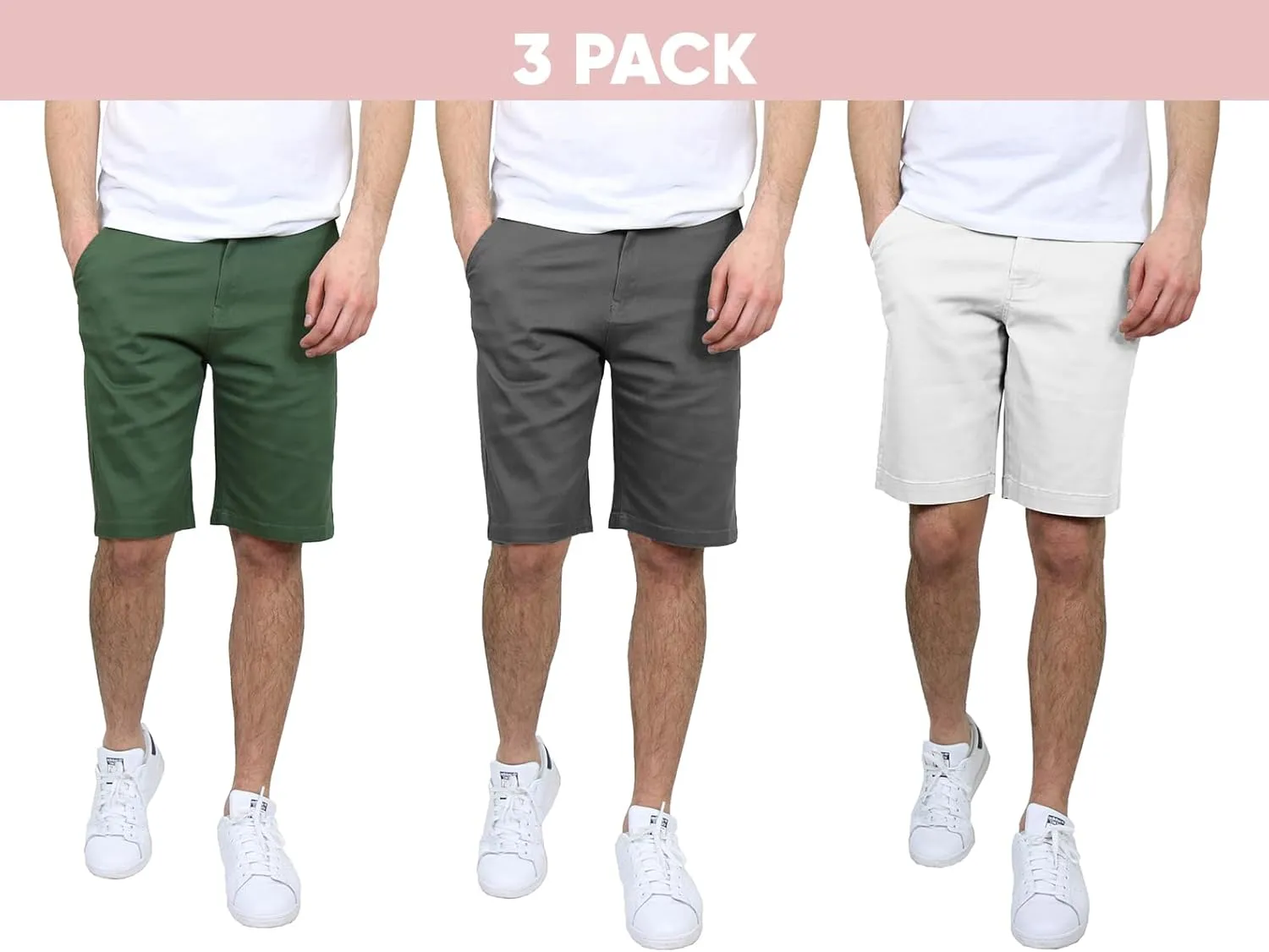 Men's Flat Front Stretch Twill Chino Shorts, Classic Cotton Blend Short with Multi Pocket 3-Pack