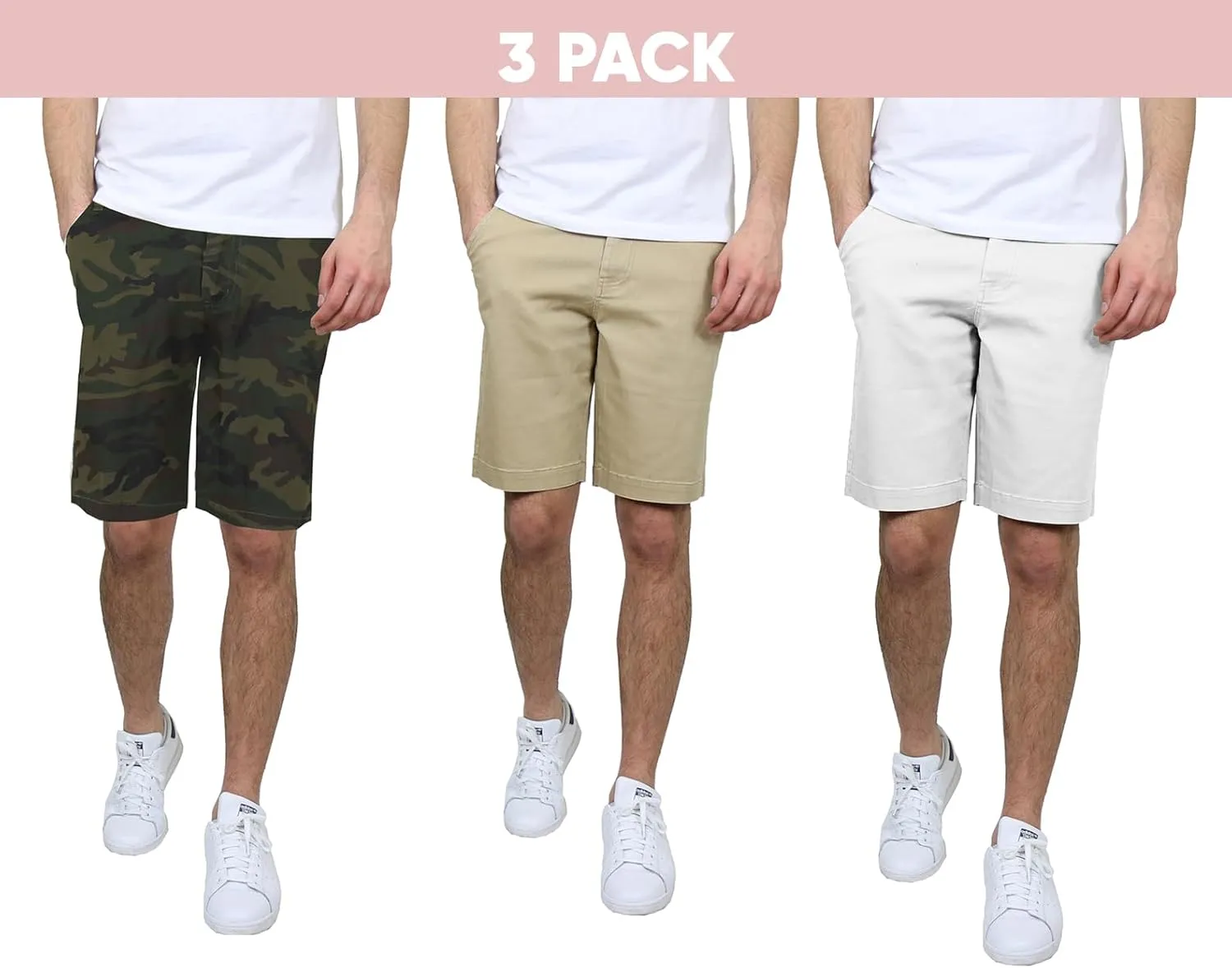 Men's Flat Front Stretch Twill Chino Shorts, Classic Cotton Blend Short with Multi Pocket 3-Pack