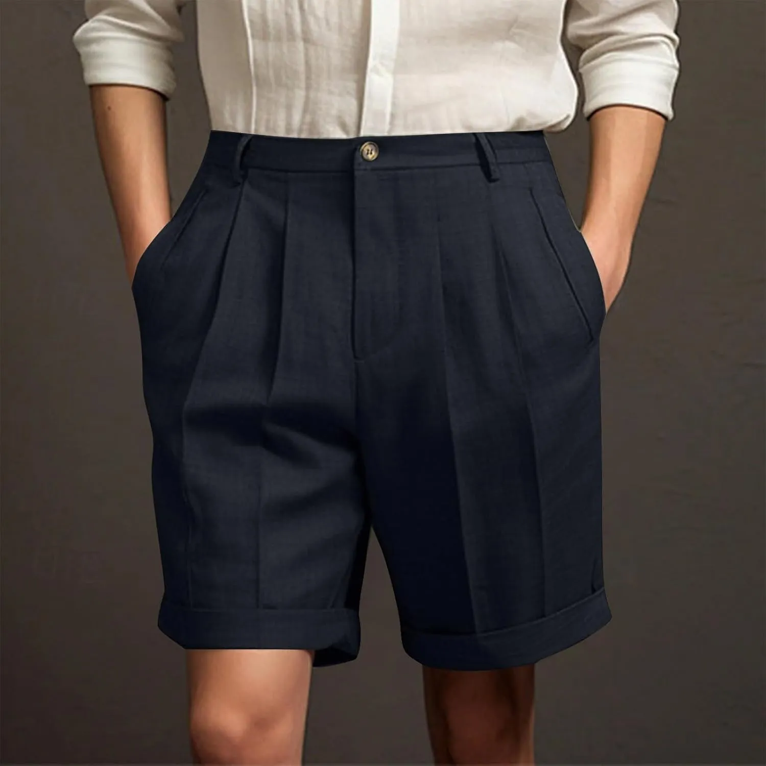 Mens Golf Chino Shorts Summer Beach Relaxted-Fit Pleated Front Button Waist Suit Shorts Solid Work Basic Short Pants