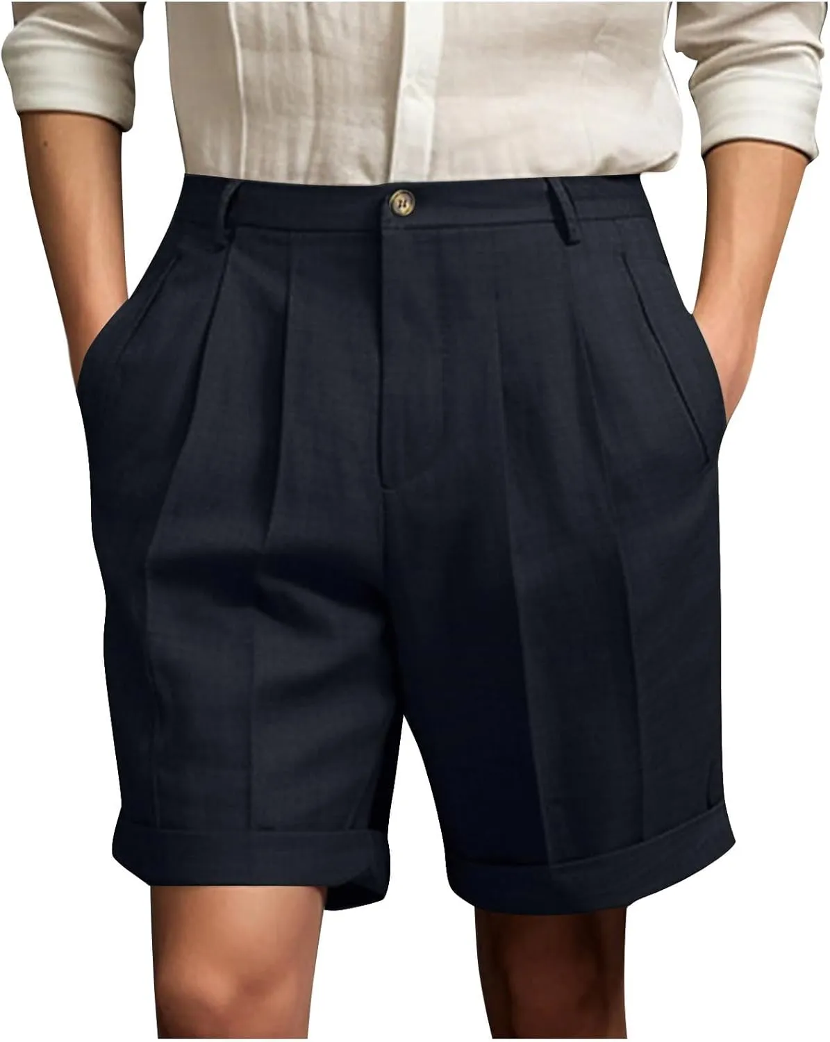 Mens Golf Chino Shorts Summer Beach Relaxted-Fit Pleated Front Button Waist Suit Shorts Solid Work Basic Short Pants