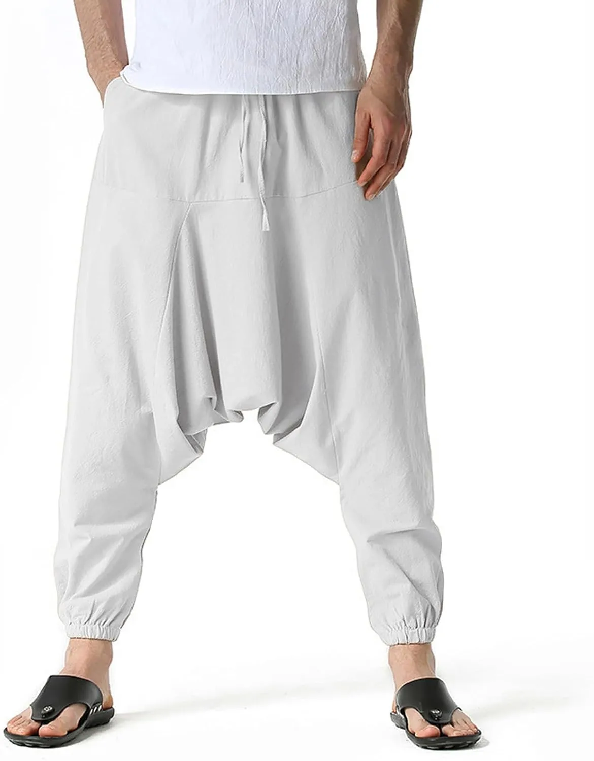 Mens Harem Pants Hip Hop Baggy Jogger Pants Vintage Hippie Drop Crotch Trousers Elastic Waist Comfy Casual Pants