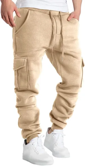 Mens Heavyweight Fleece Cargo Sweatpants Straight-Leg Joggers Loose Fit Baggy Pants Multi-Pocket Trousers