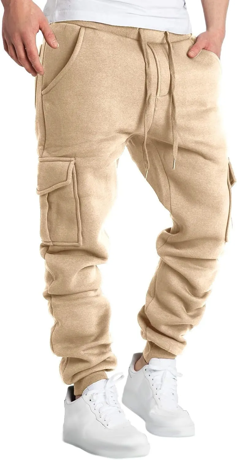 Mens Heavyweight Fleece Cargo Sweatpants Straight-Leg Joggers Loose Fit Baggy Pants Multi-Pocket Trousers