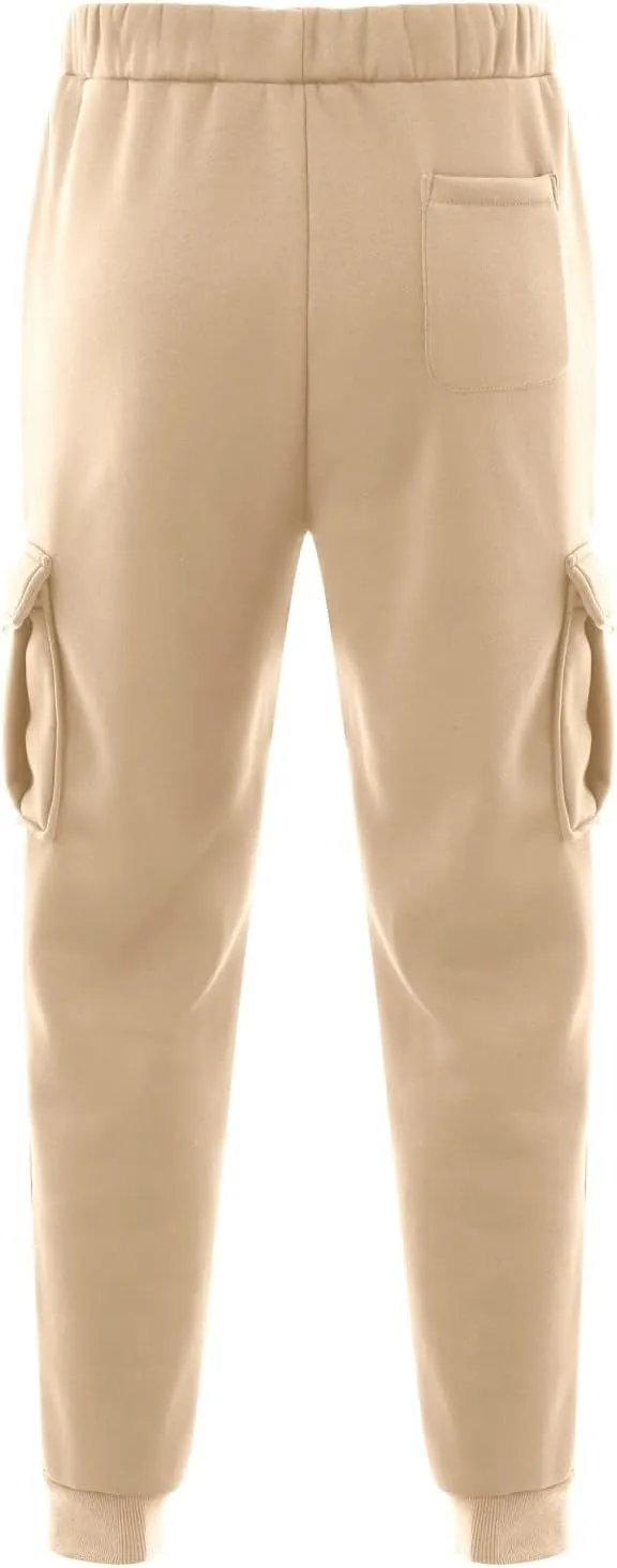 Mens Heavyweight Fleece Cargo Sweatpants Straight-Leg Joggers Loose Fit Baggy Pants Multi-Pocket Trousers