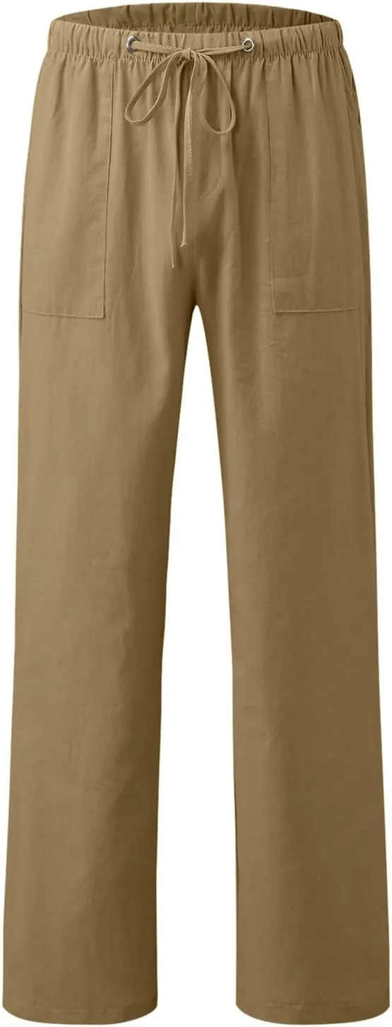Mens Lightweight Casual Linen Pants Elastic Waist Drawstring Tactical Pants Workout Trousers with Pocket