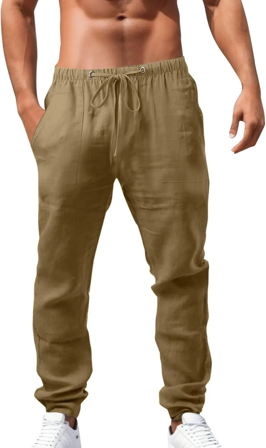Mens Lightweight Casual Linen Pants Elastic Waist Drawstring Tactical Pants Workout Trousers with Pocket