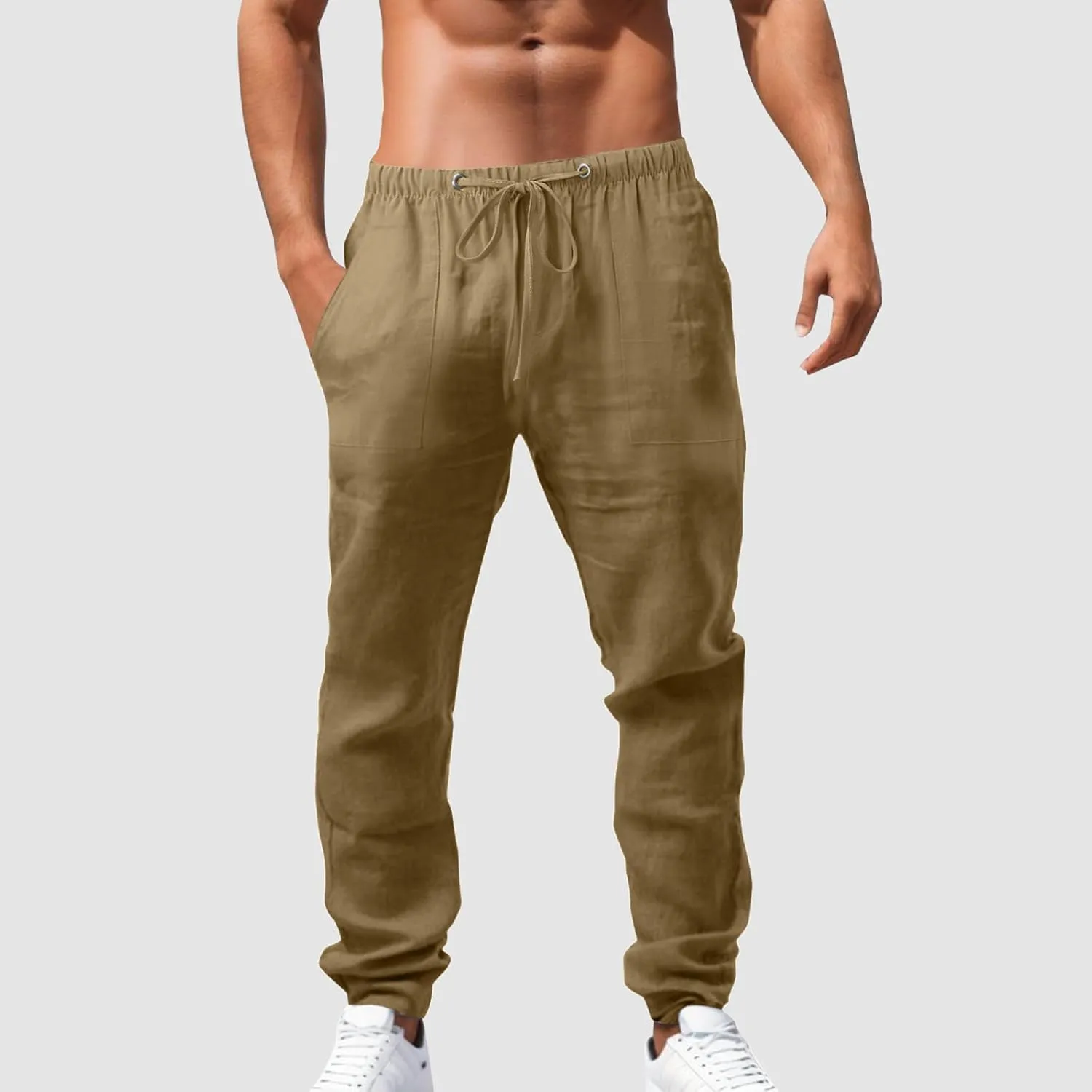 Mens Lightweight Casual Linen Pants Elastic Waist Drawstring Tactical Pants Workout Trousers with Pocket