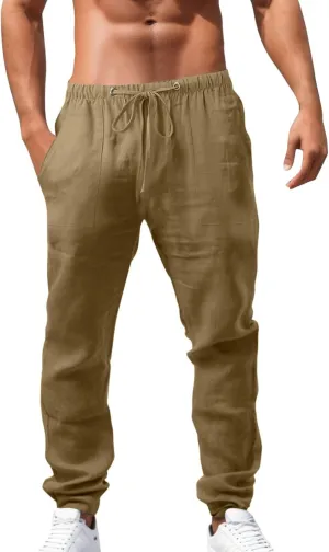 Mens Lightweight Casual Linen Pants Elastic Waist Drawstring Tactical Pants Workout Trousers with Pocket