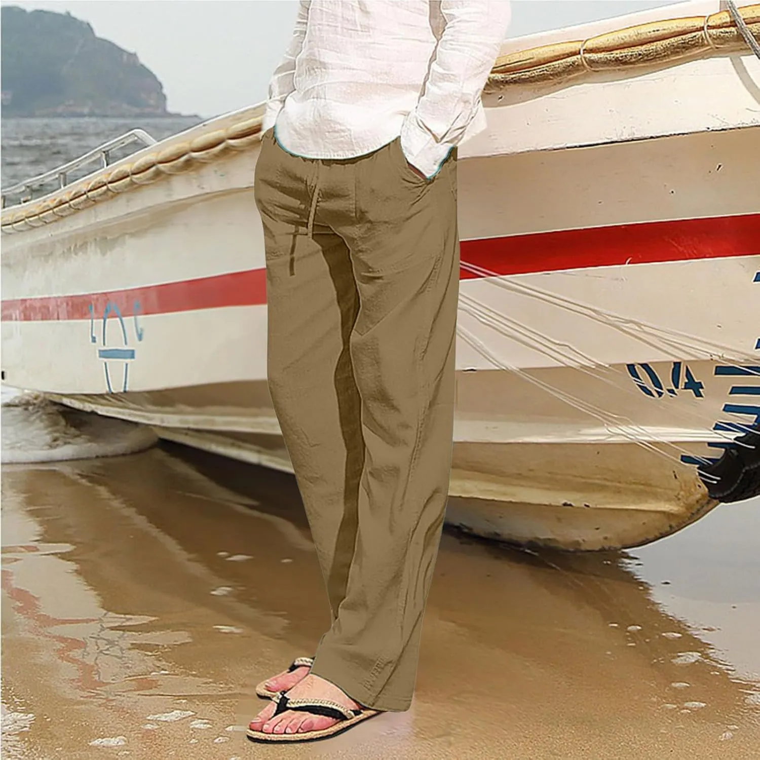 Mens Lightweight Casual Linen Pants Elastic Waist Drawstring Tactical Pants Workout Trousers with Pocket