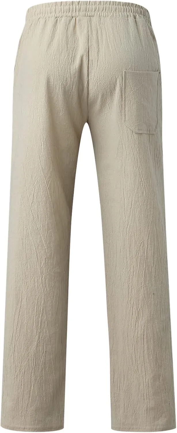 Mens Linen Beach Pants Lightweight Trousers Big and Tall Casual Lounge Drawstring Solid Color Pants with Pockets