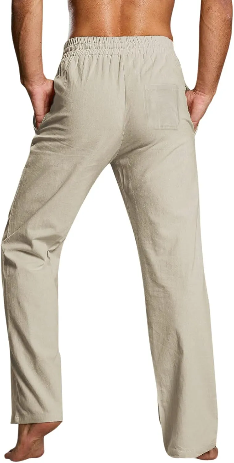 Mens Linen Beach Pants Lightweight Trousers Big and Tall Casual Lounge Drawstring Solid Color Pants with Pockets