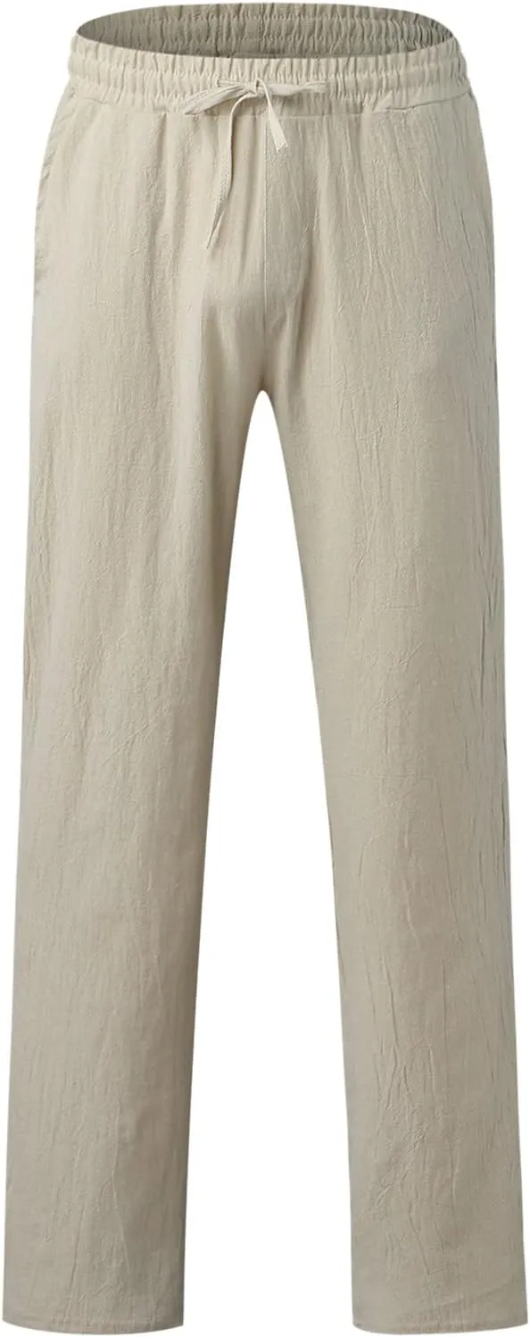 Mens Linen Beach Pants Lightweight Trousers Big and Tall Casual Lounge Drawstring Solid Color Pants with Pockets