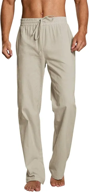 Mens Linen Beach Pants Lightweight Trousers Big and Tall Casual Lounge Drawstring Solid Color Pants with Pockets