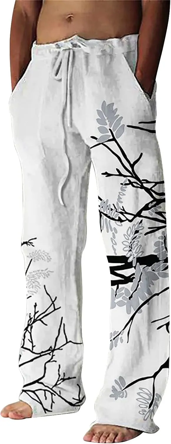 Mens Linen Beach Pants Summer Casual Solid Color Pants Elastic Waist Drawstring Loose Trousers with Pockets Mens Suit Pants