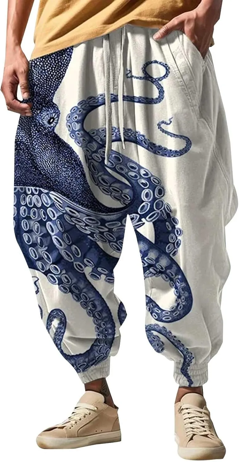 Mens Linen Cargo Jogger Pant Street Feel Casual Sweatpants Casual Wide Leg Jogger Pants Baggy Pants for Men Baggy