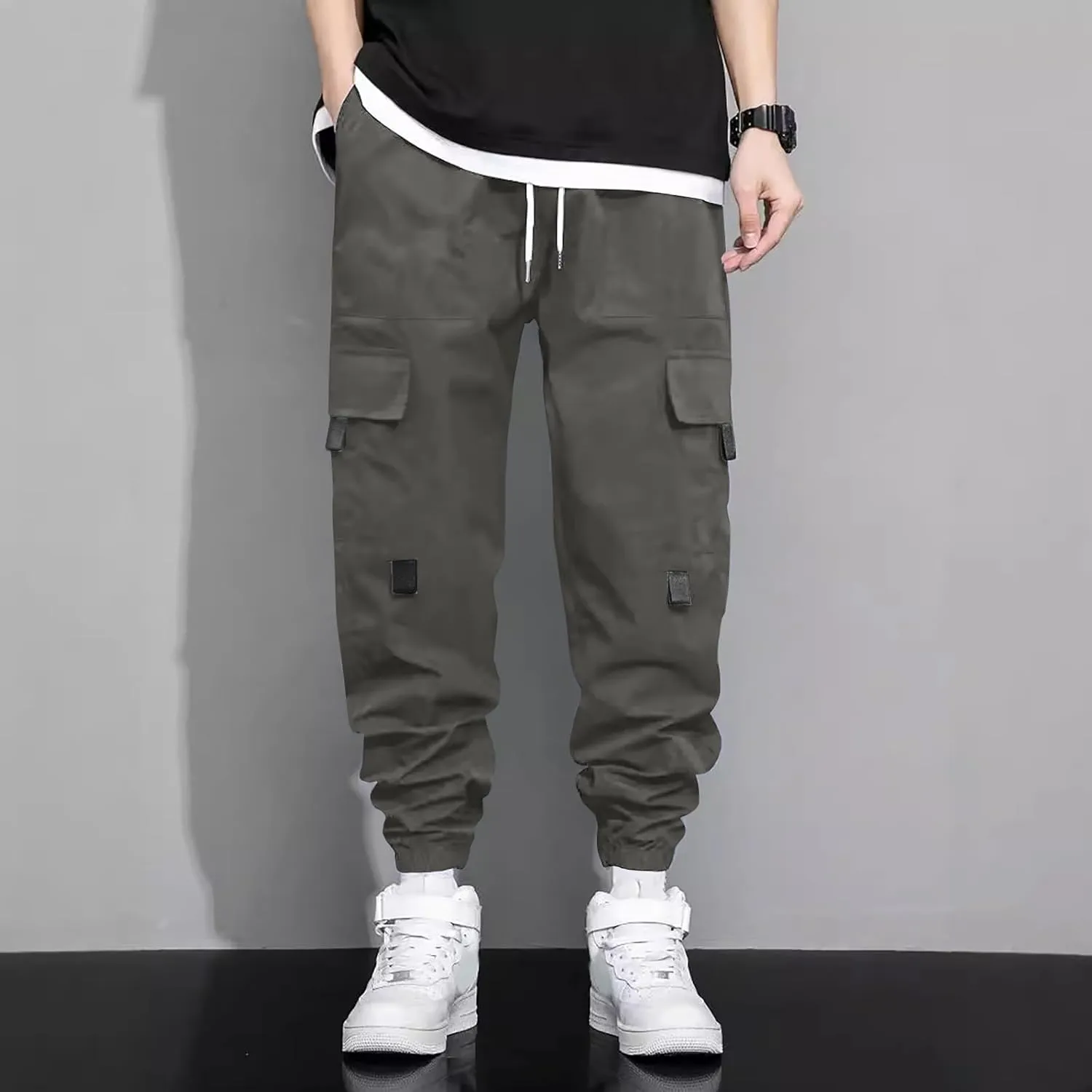 Men's Outdoor Cargo Pants Lightweight Elastic Waist Pants with Multi-Pocket Slim Drawstring Active Trousers