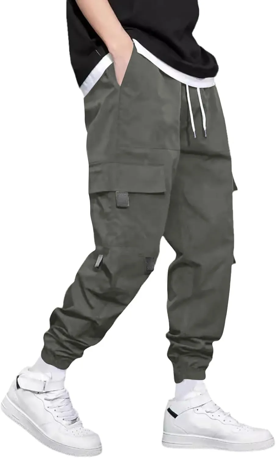 Men's Outdoor Cargo Pants Lightweight Elastic Waist Pants with Multi-Pocket Slim Drawstring Active Trousers