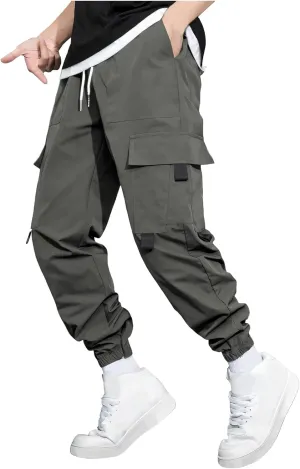 Men's Outdoor Cargo Pants Lightweight Elastic Waist Pants with Multi-Pocket Slim Drawstring Active Trousers