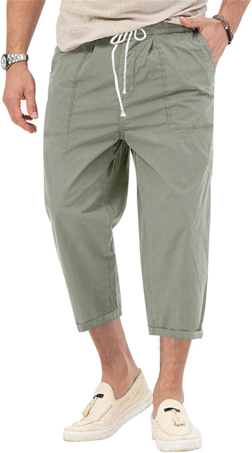 Mens Solid Capri Pants Expandable Drawstring Waist Combat Track Casual Cropped Pant Lightweight Tactical Summer Cozy Trousers