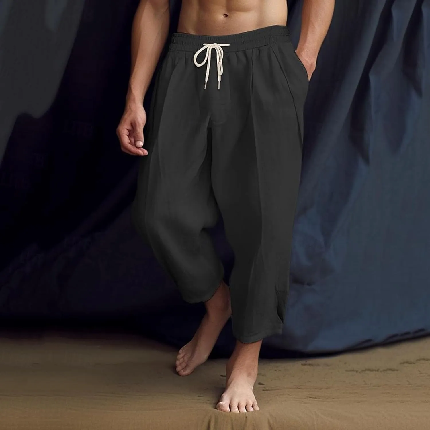 Men's Summer Beach Pants Elastic Waist Joggers Regular Fit Solid Color Pant Summer Long Trousers with Pockets