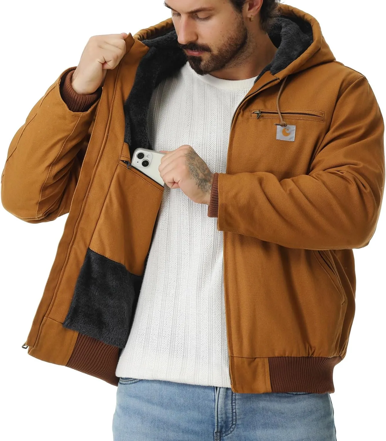 Men's Work Coat Washed Duck Fleece Lined Waterproof Workwear Fit Relaxed Winter Hooded Active Jacket