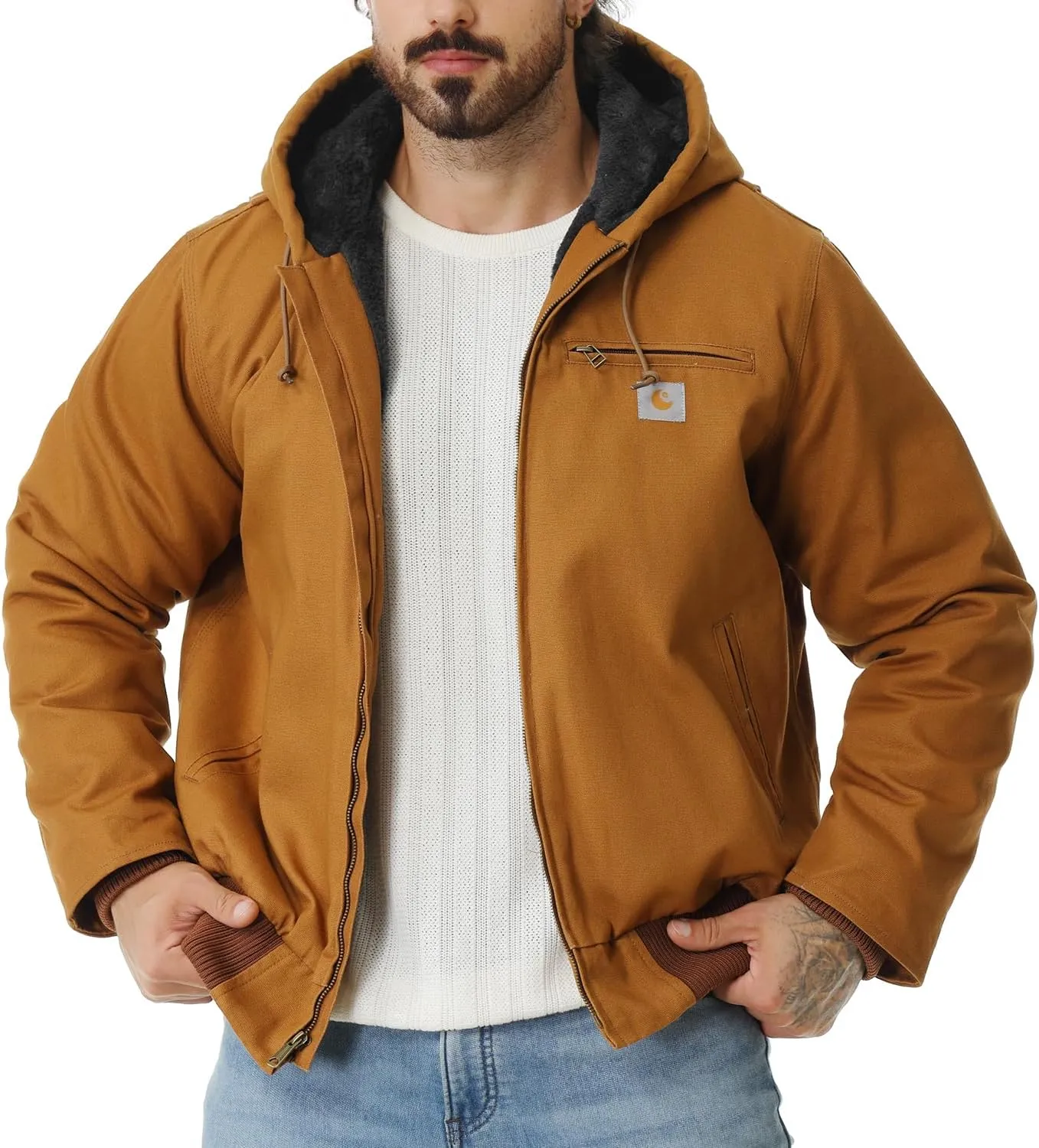 Men's Work Coat Washed Duck Fleece Lined Waterproof Workwear Fit Relaxed Winter Hooded Active Jacket