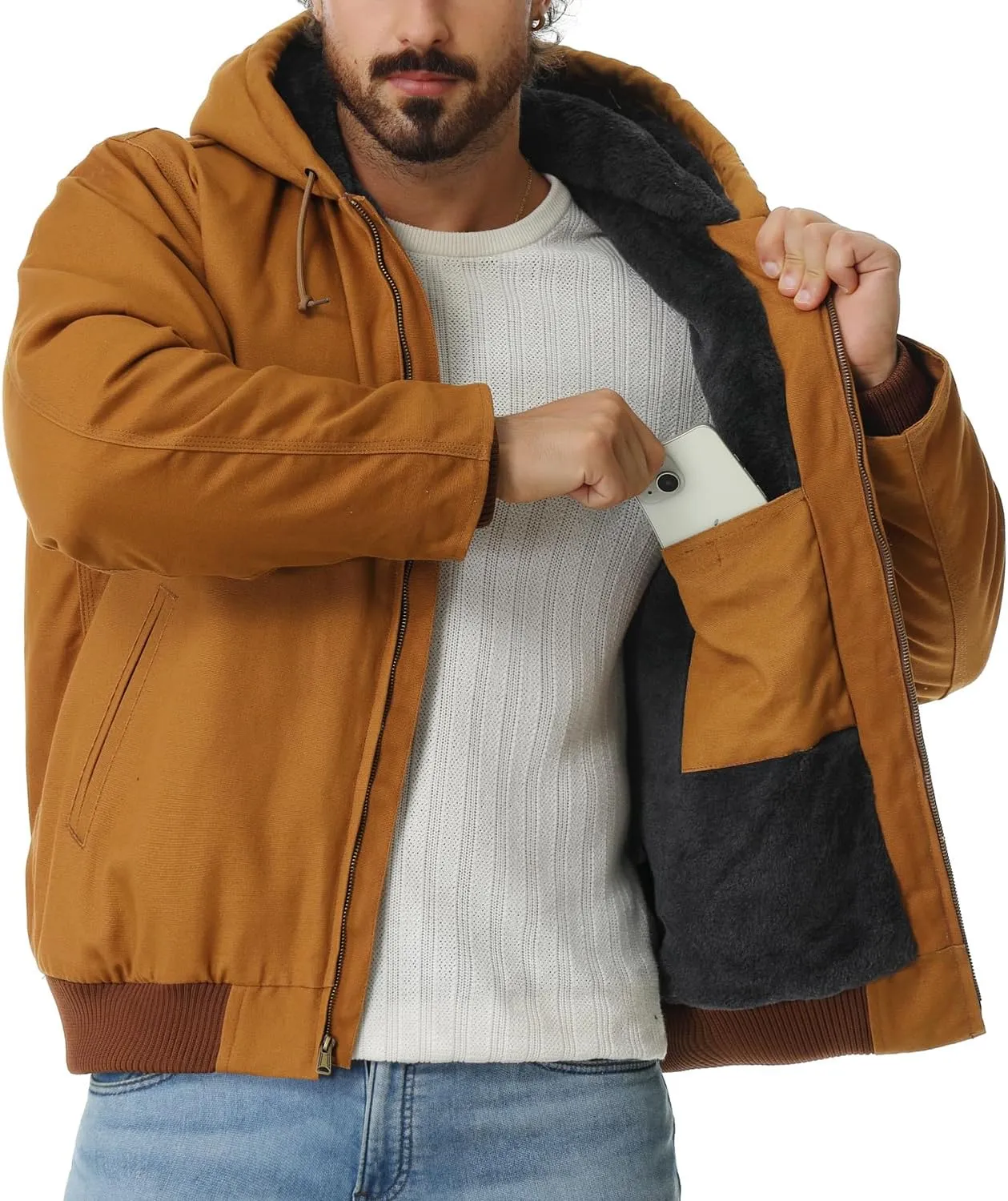 Men's Work Coat Washed Duck Fleece Lined Waterproof Workwear Fit Relaxed Winter Hooded Active Jacket