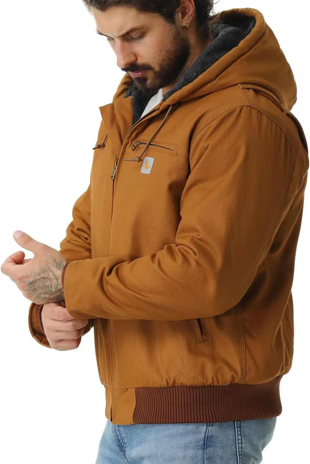 Men's Work Coat Washed Duck Fleece Lined Waterproof Workwear Fit Relaxed Winter Hooded Active Jacket