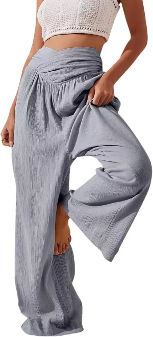 Miyaomn 2024 Women's Stylish Linen Palazzo Pants Crossover Waist Wide Leg Casual Lounge Trousers Summer Boho Yoga Beach Pants