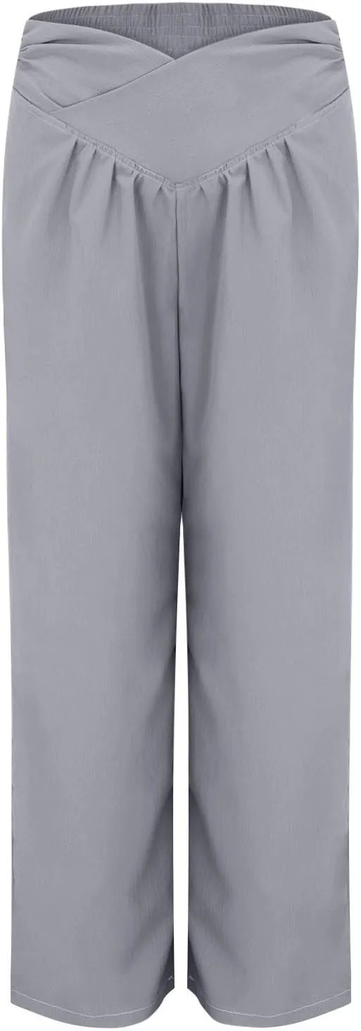 Miyaomn 2024 Women's Stylish Linen Palazzo Pants Crossover Waist Wide Leg Casual Lounge Trousers Summer Boho Yoga Beach Pants