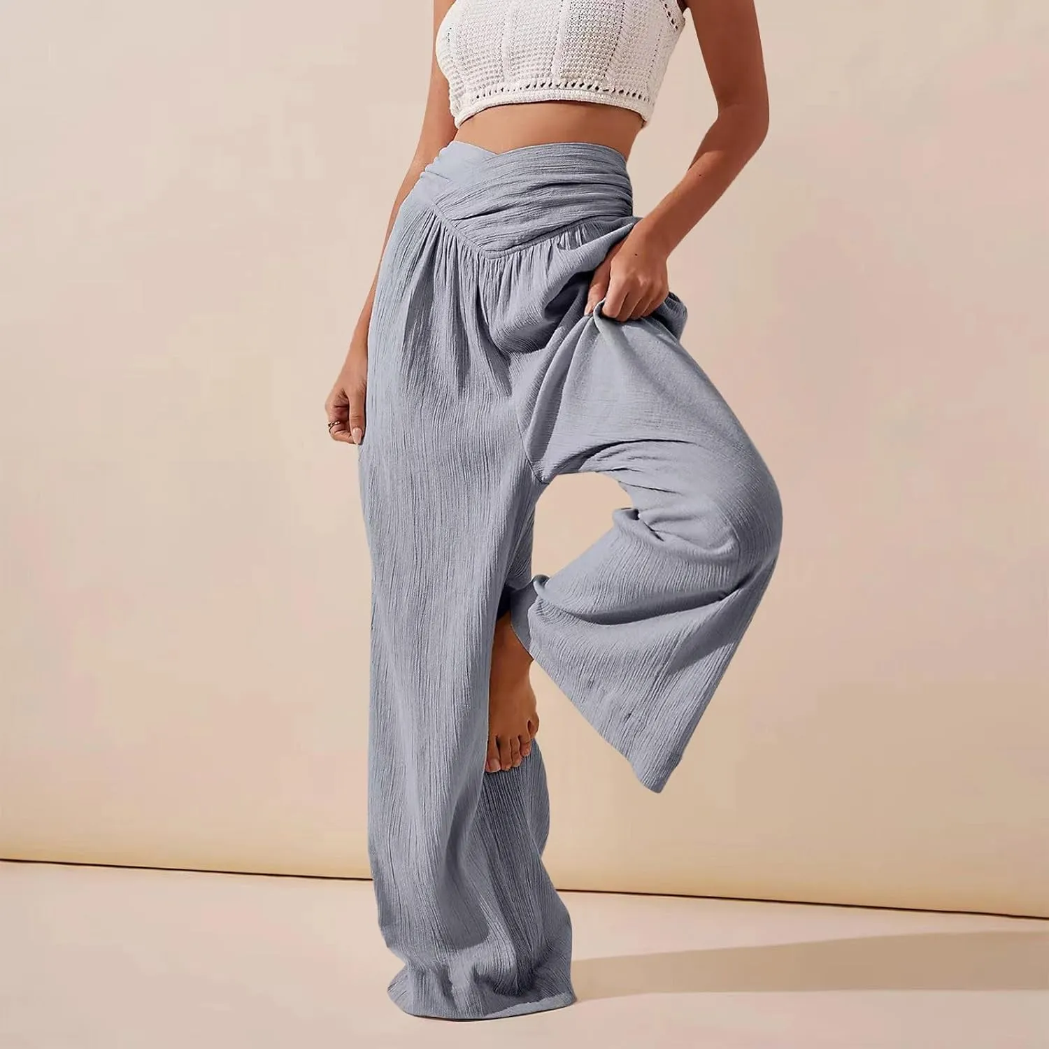Miyaomn 2024 Women's Stylish Linen Palazzo Pants Crossover Waist Wide Leg Casual Lounge Trousers Summer Boho Yoga Beach Pants
