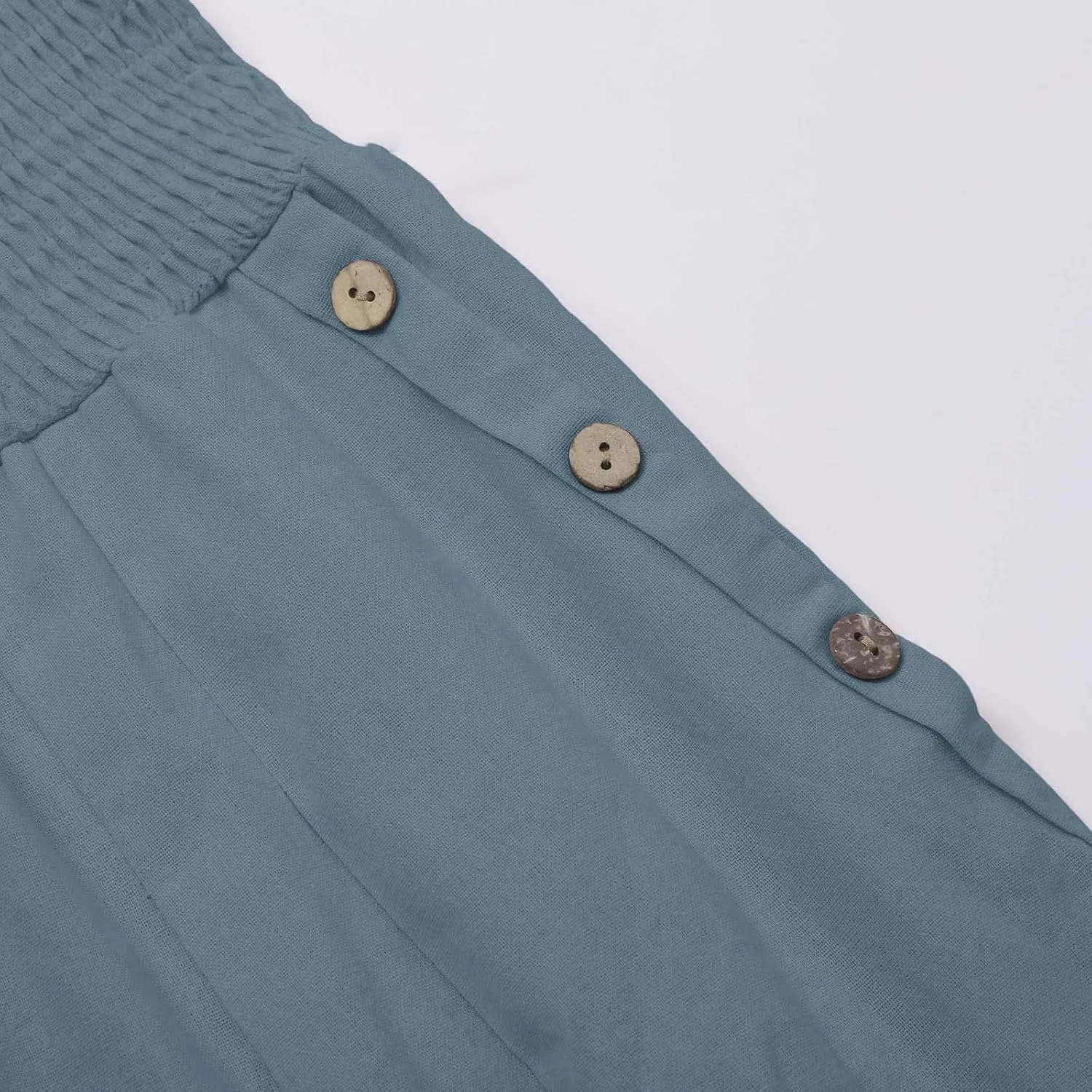 Miyaomn Casual Smocked Linen Palazzo Pants for Women Summer Boho Wide Leg High Waist Long Flowy Lounge Trousers with Pockets