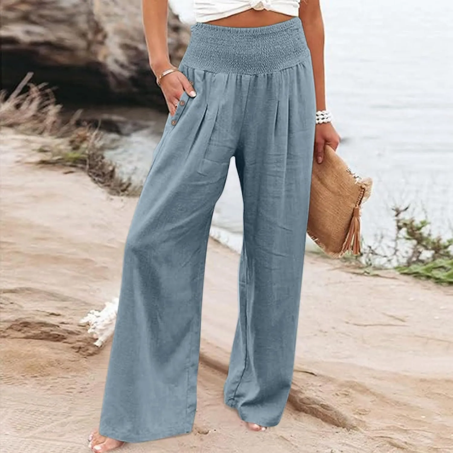 Miyaomn Casual Smocked Linen Palazzo Pants for Women Summer Boho Wide Leg High Waist Long Flowy Lounge Trousers with Pockets
