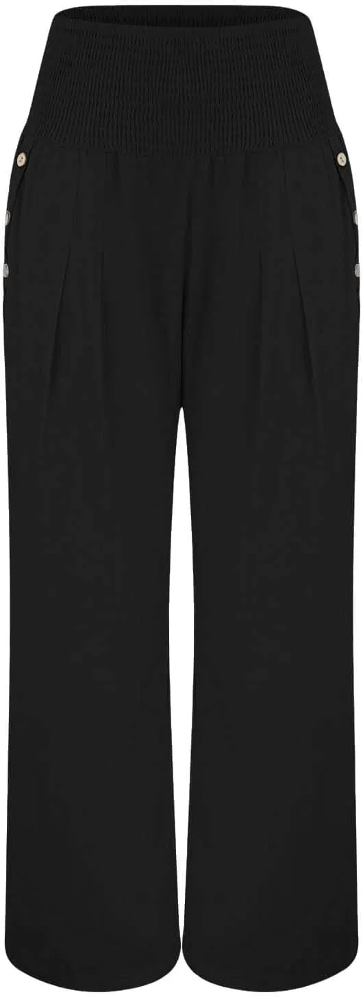 Miyaomn Casual Smocked Linen Palazzo Pants for Women Summer Boho Wide Leg High Waist Long Flowy Lounge Trousers with Pockets