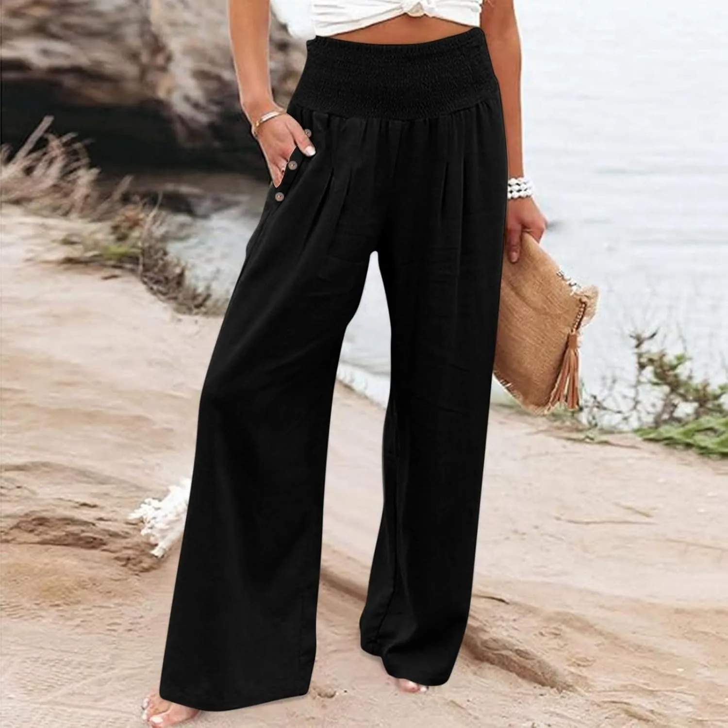 Miyaomn Casual Smocked Linen Palazzo Pants for Women Summer Boho Wide Leg High Waist Long Flowy Lounge Trousers with Pockets