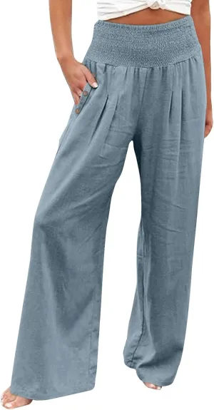 Miyaomn Casual Smocked Linen Palazzo Pants for Women Summer Boho Wide Leg High Waist Long Flowy Lounge Trousers with Pockets