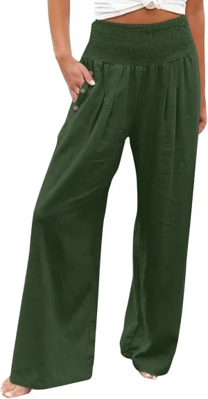 Miyaomn Casual Smocked Linen Palazzo Pants for Women Summer Boho Wide Leg High Waist Long Flowy Lounge Trousers with Pockets