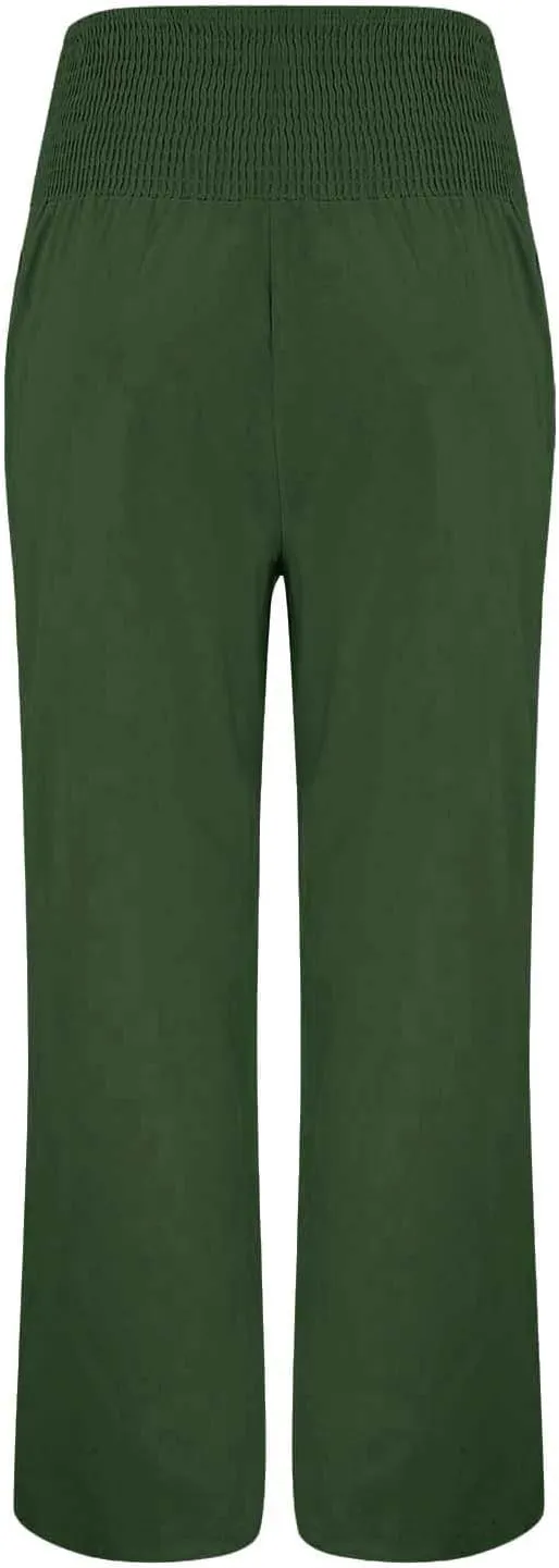 Miyaomn Casual Smocked Linen Palazzo Pants for Women Summer Boho Wide Leg High Waist Long Flowy Lounge Trousers with Pockets