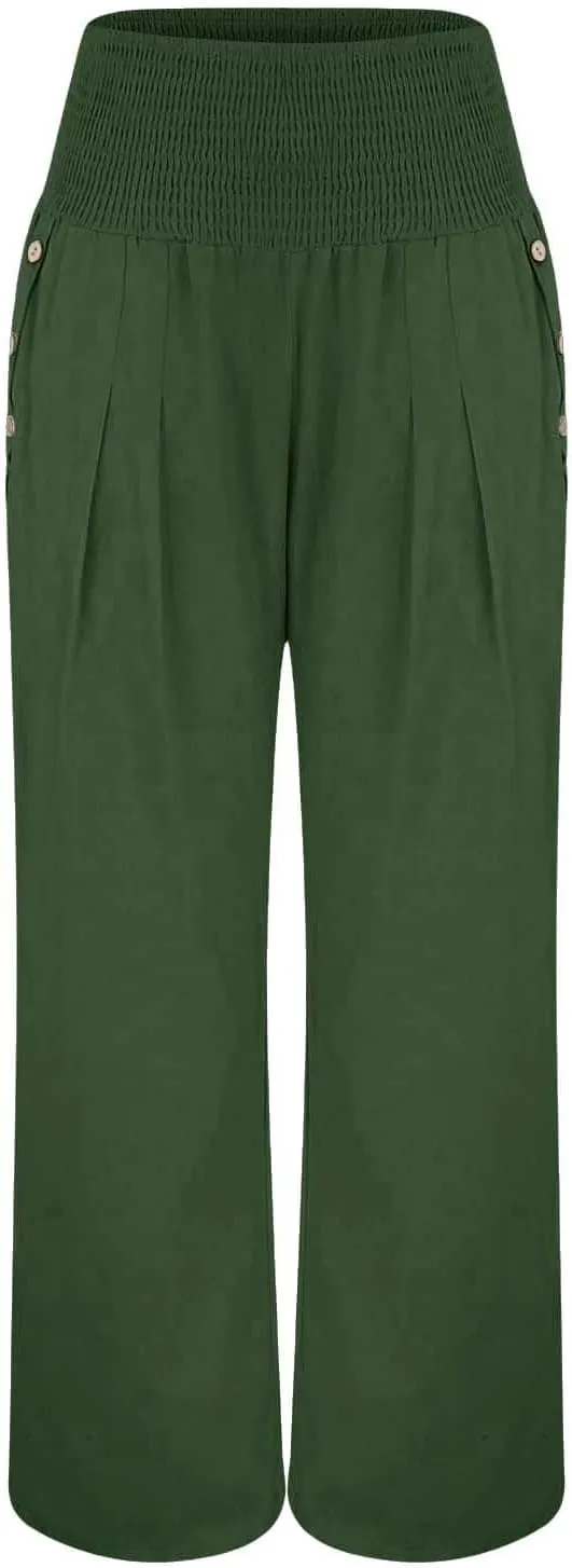 Miyaomn Casual Smocked Linen Palazzo Pants for Women Summer Boho Wide Leg High Waist Long Flowy Lounge Trousers with Pockets
