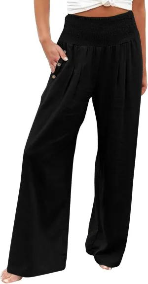 Miyaomn Casual Smocked Linen Palazzo Pants for Women Summer Boho Wide Leg High Waist Long Flowy Lounge Trousers with Pockets