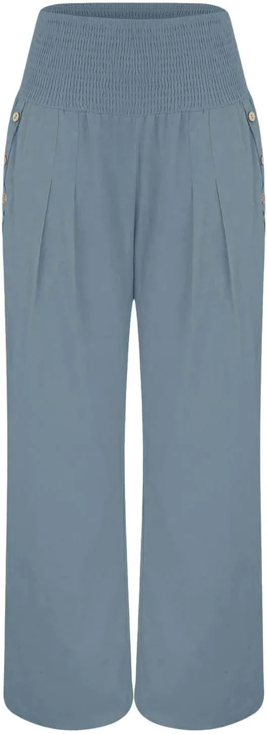 Miyaomn Casual Smocked Linen Palazzo Pants for Women Summer Boho Wide Leg High Waist Long Flowy Lounge Trousers with Pockets