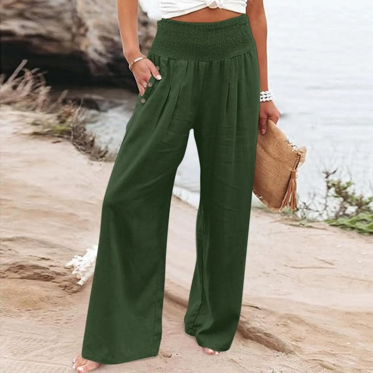 Miyaomn Casual Smocked Linen Palazzo Pants for Women Summer Boho Wide Leg High Waist Long Flowy Lounge Trousers with Pockets