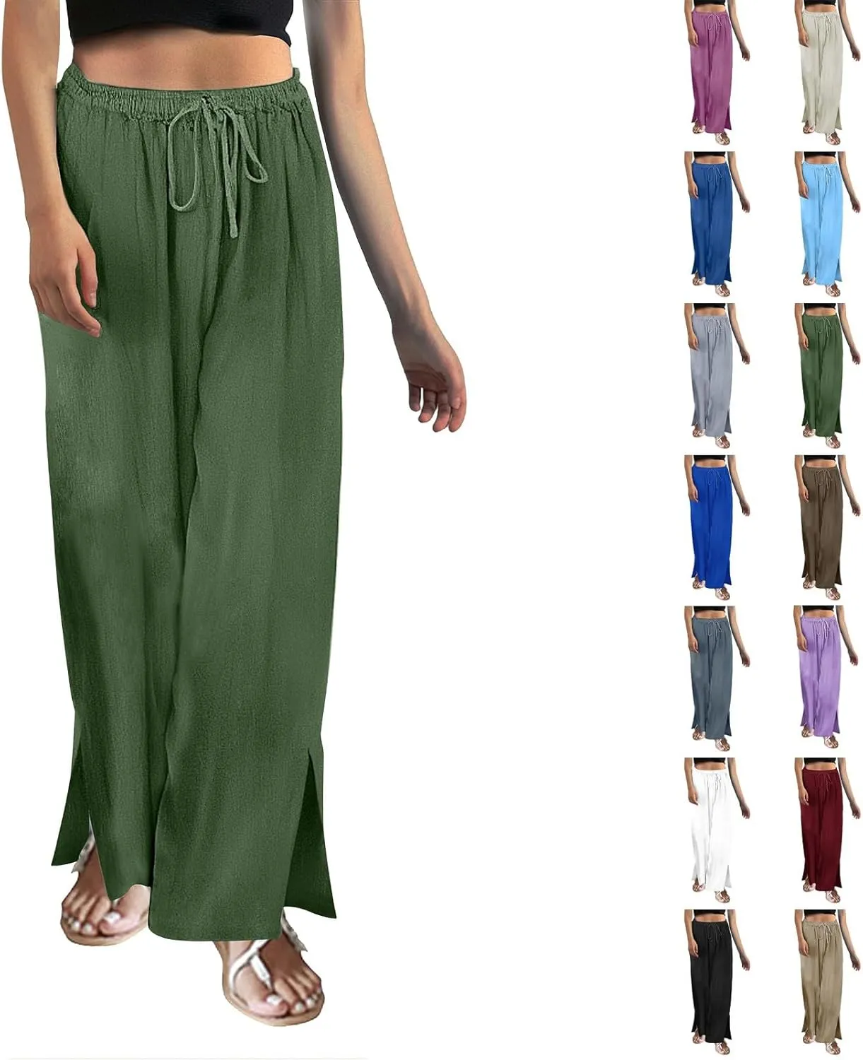 Miyaomn Linen Palazzo Pants for Women High Waisted Wide Leg Summer Lounge Pants with Pockets Side Slit Casual Beach Trousers