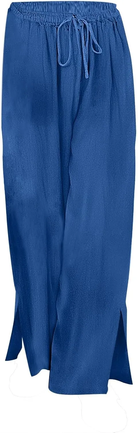 Miyaomn Linen Palazzo Pants for Women High Waisted Wide Leg Summer Lounge Pants with Pockets Side Slit Casual Beach Trousers