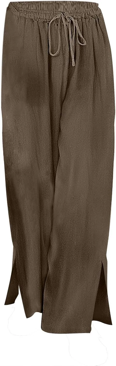 Miyaomn Linen Palazzo Pants for Women High Waisted Wide Leg Summer Lounge Pants with Pockets Side Slit Casual Beach Trousers