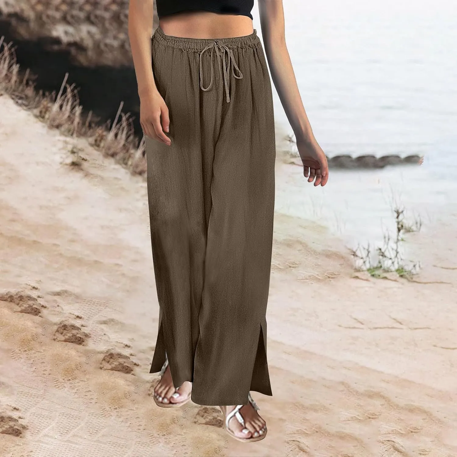 Miyaomn Linen Palazzo Pants for Women High Waisted Wide Leg Summer Lounge Pants with Pockets Side Slit Casual Beach Trousers